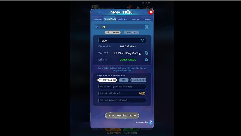 Hướng dẫn nạp tiền vào WIN79 bằng BIDV
