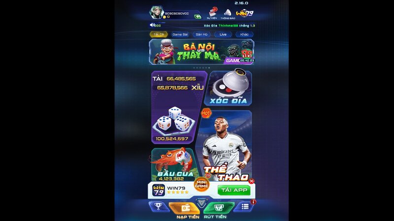 Giao diện chính của cổng game WIN79