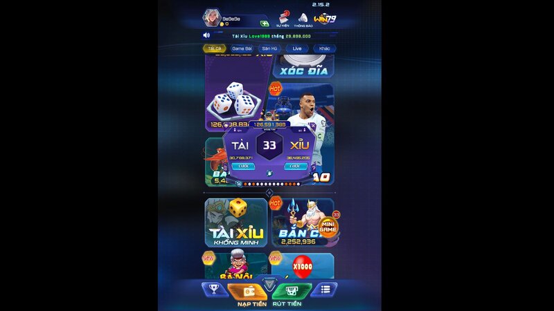 Giao diện chính của cổng game WIN79